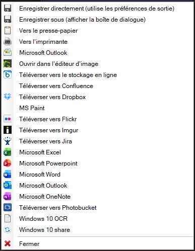 Capture d’écran des modules d’export de Greenshot