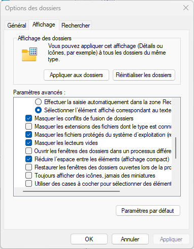 Modification de la configuration de l’explorer Windows