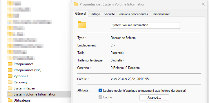 Date de création du répertoire System Volume Information